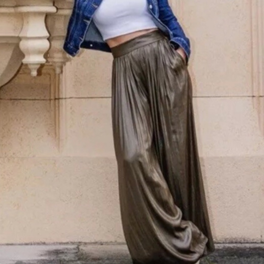 Zara Olive Metallic Wide-Leg Pants